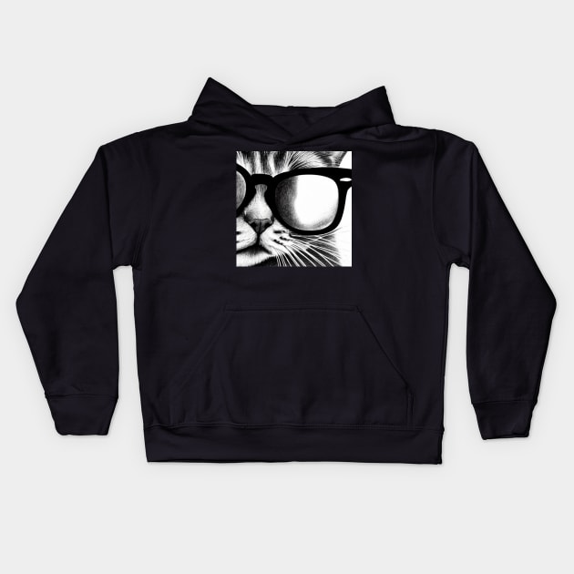 Cat with Sunglasses - Black and White drawing Kids Hoodie by Daz Art & Designs